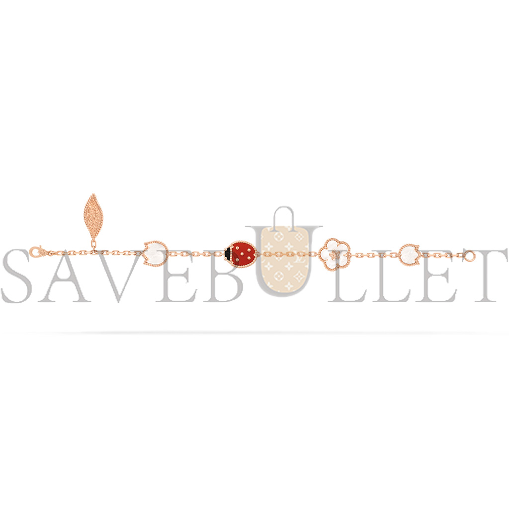 V*N CL*F arpels lucky spring bracelet, 5 motifs - rose gold, carnelian, mother-of-pearl, onyx  vcarp7rr00
